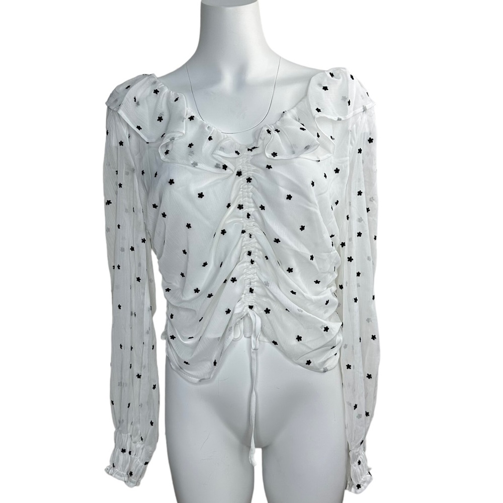 NWT WAYF Liz Ruched Ruffle Neck White Blouse Small S - Picture 2 of 9